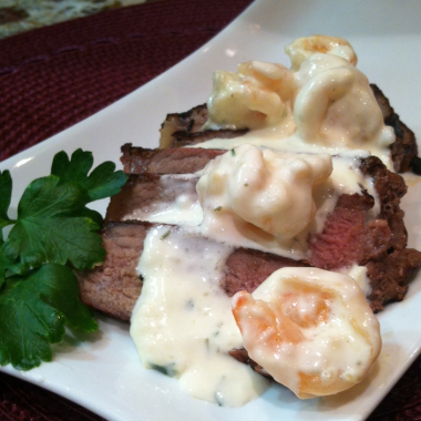 Sirloin Topped with Shrimp in Garlic Cream Sauce